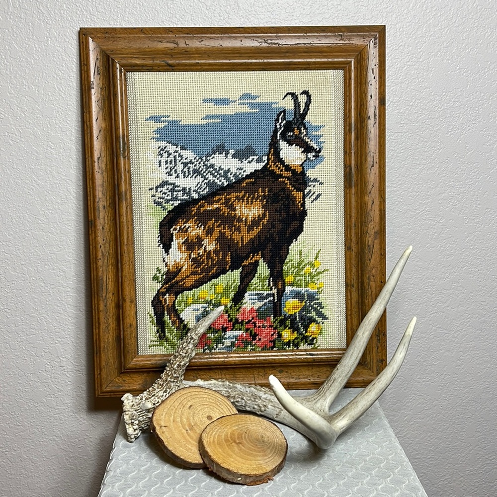 Vintage Antelope Mountain Scene Needlepoint Handwork Rustic Frame